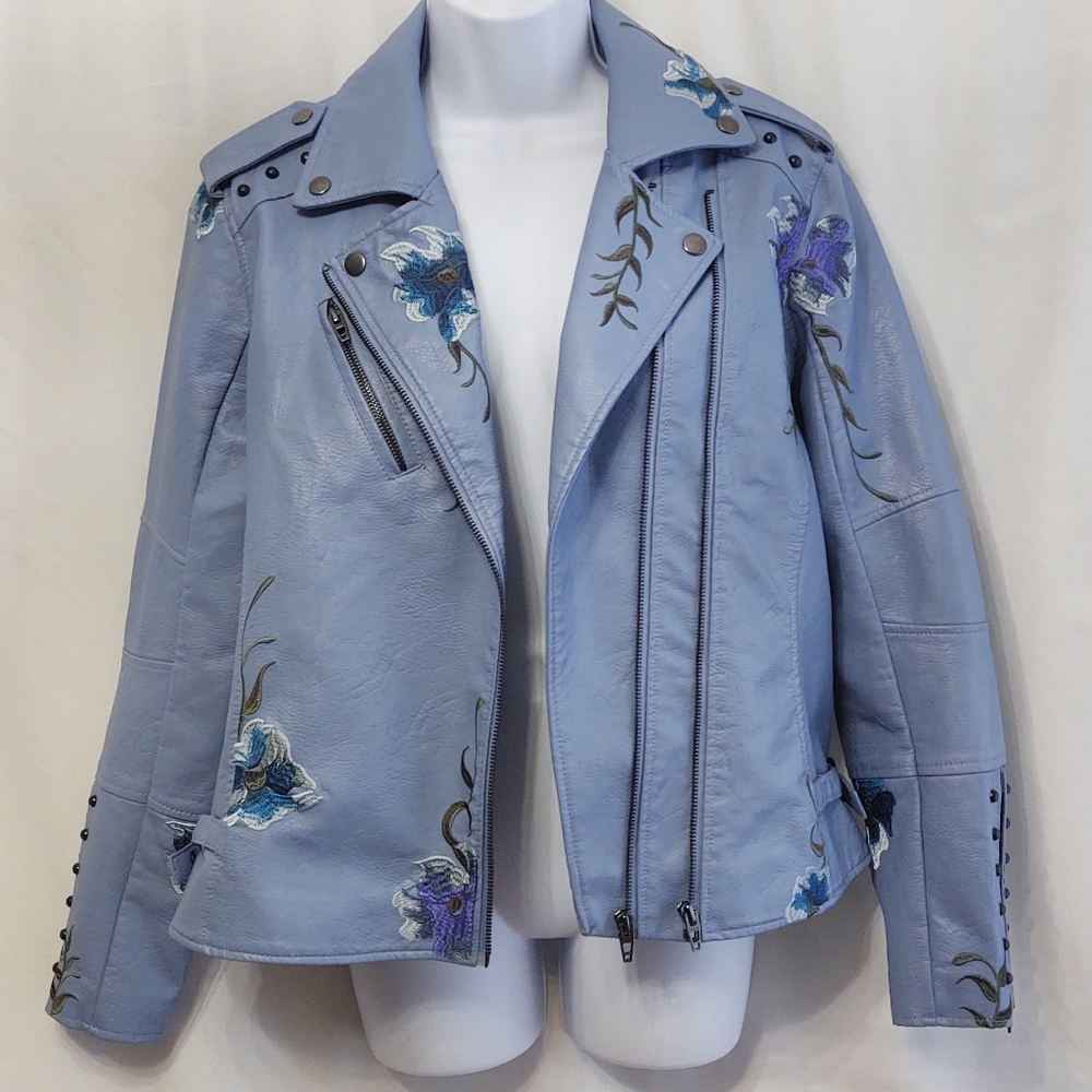 LIKE 🆕 Colleen Lopez Embroidered Moto Faux Leather Jacket, L.   Final Price.